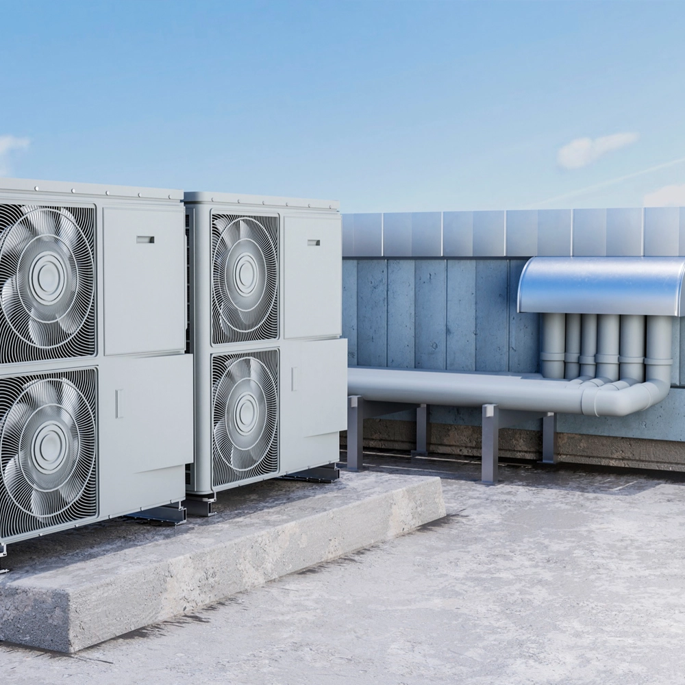 HVAC expert installing AC system on a rooftop.